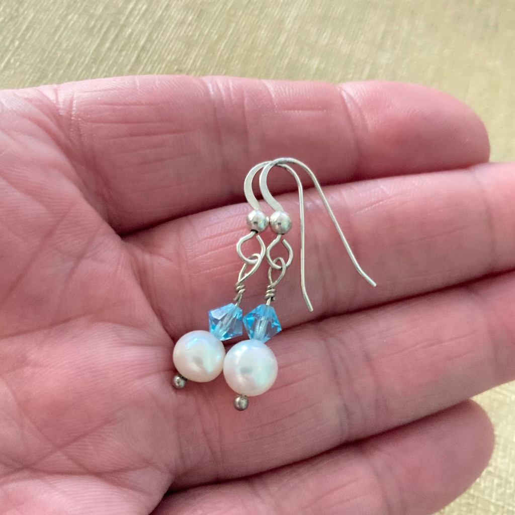 Genuine Pearl Blue Swarovski Cone Crystal Bead Sterling Drop Earrings New!